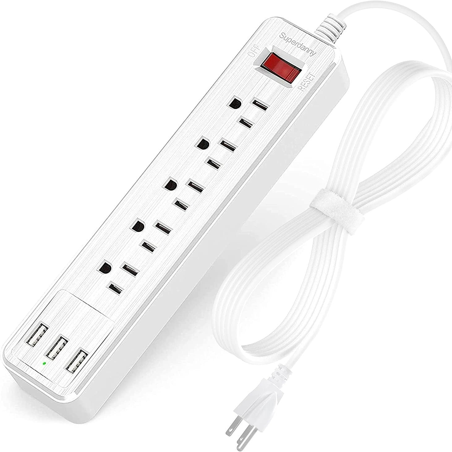 SUPERDANNY 9.8ft Power Strip USB Surge Protector Mountable Extension Cord Multiple Protection 5 Outlet 3 USB Port With Hook & Loop Fastener