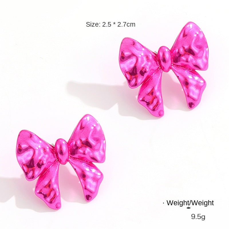 Kenjieshu Color Metal Flower Bowknot Barbie Pink Earrings Women's European and American Cross border Fashion Personality Earrings