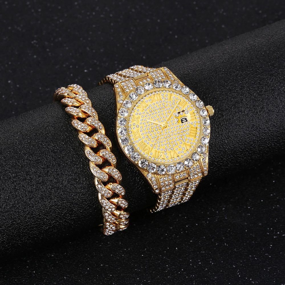 Punk hip hop watch set diamond-studded bracelet set Men's watch set A07582