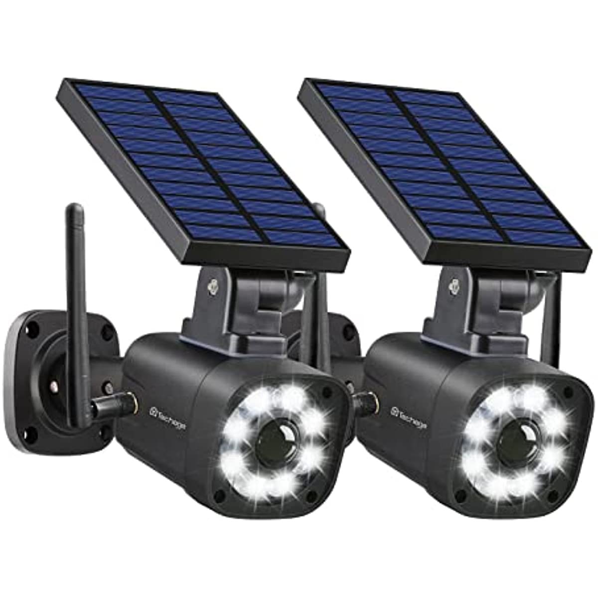 Techage SL669; Solar Battery Powered; Fake Security Camera; Motion-Activated Floodlights; Realistic Look; Easy To Install; IP66 Waterproof; Warning Sticker Included; Pack Of 2