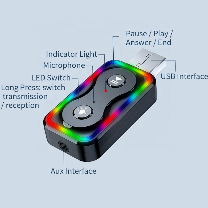 BT5.3 Colorful Light 20M USB Adapter Handsfree Car Kit 3.5mm Aux Audio Receiver 2 In 1 Wireless Receiver Transmitter Q1