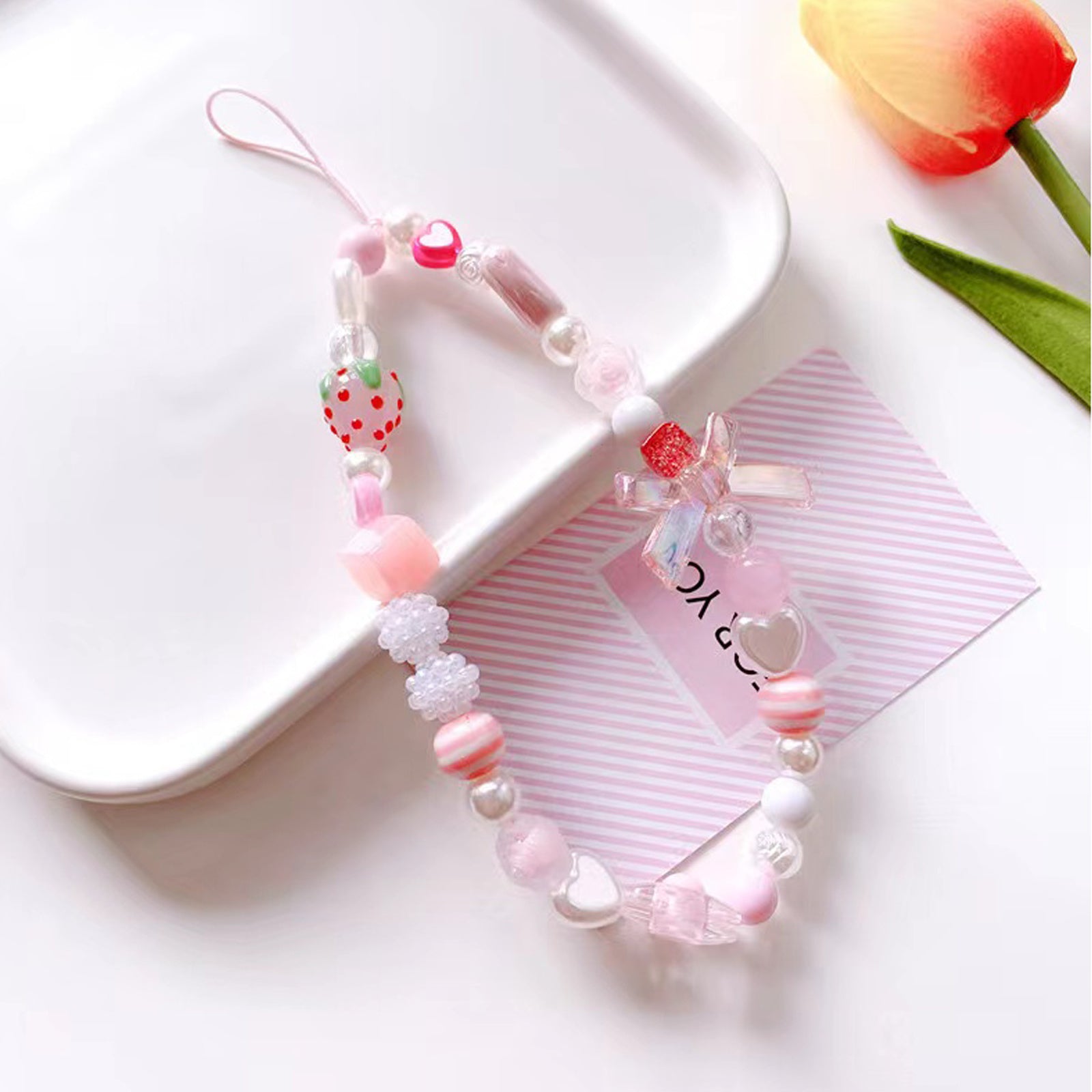 Fashion Strawberry Romantic Heart Pearl Geometry Beaded Lanyard Decoration Bracelet Mobile Phone Chain Women Pink Jewelry