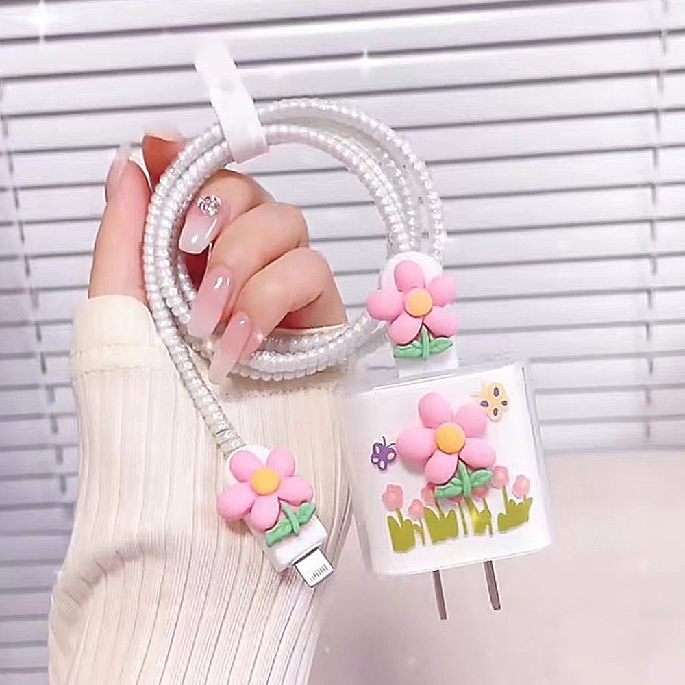 3D Flower Pattern Charging Cable Protector And Charger Head Protector For IPhone 14 Plus