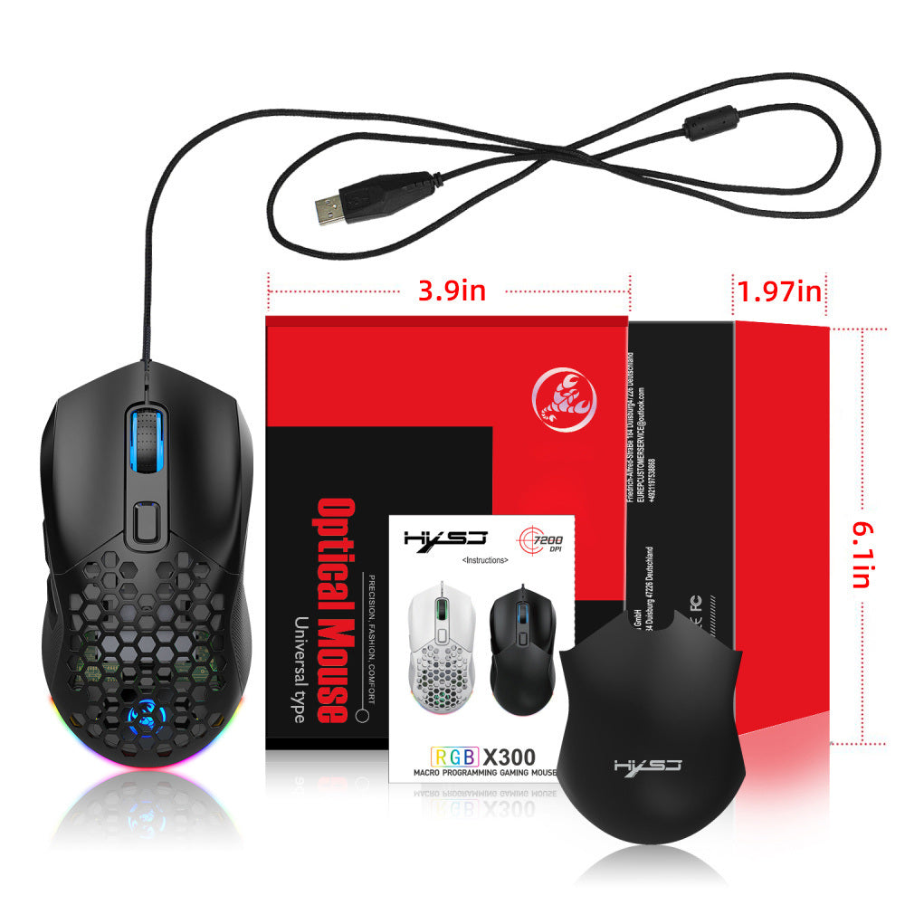 HXSJ New USB Wired Game Mouse RGB Backlit Braid 7200DPI Adjustable Back Cover Replaceable Home Optical Mouse