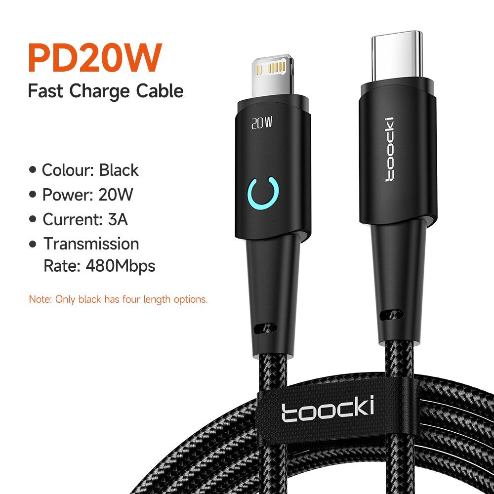 Toocki USB C Cable For Iphone 12 13 14 Pro Max Mini Xs LED PD Fast Charger USB Type C to Lightning Data Cable For Iphone Devices