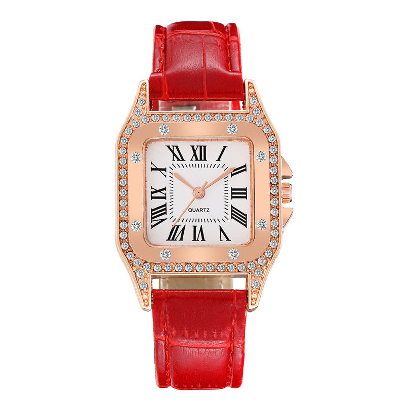 Fashion Women's Watches for Women Korean-Style Square Rhinestone Starry Quartz Wrist Watch Ladies Casual Red Leather Watch