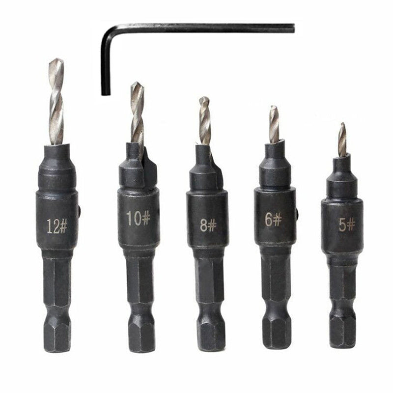5PCS woodworking countersunk head drill; drilling and chamfering; one-piece hexagonal handle countersunk fried dough twist drill