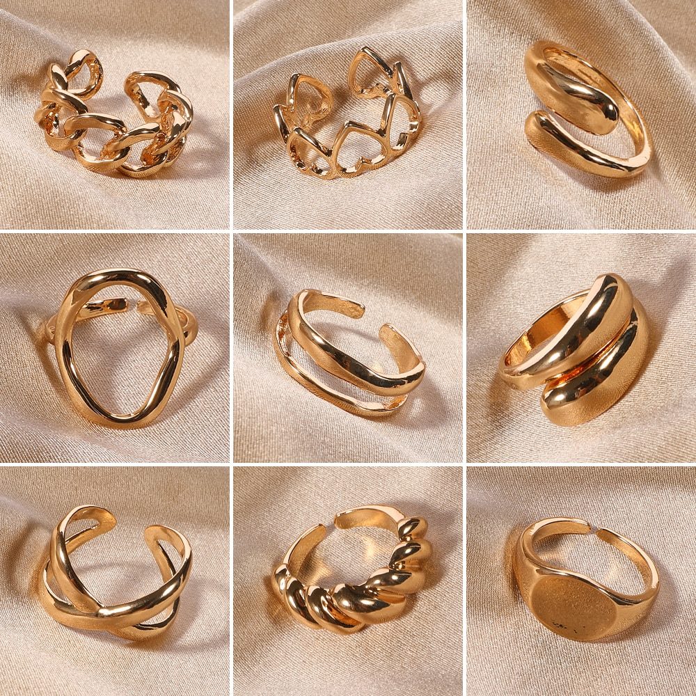 Personality Simple And Versatile Temperament Ring Jewelry Gold Metal Open Ring 9-piece Set