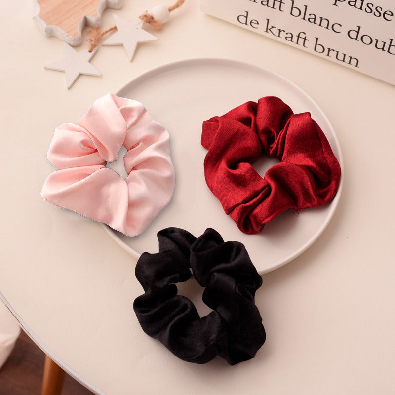 French satin imitation hair ring; retro solid color pig intestine hair ring; ponytail red and black powder bun