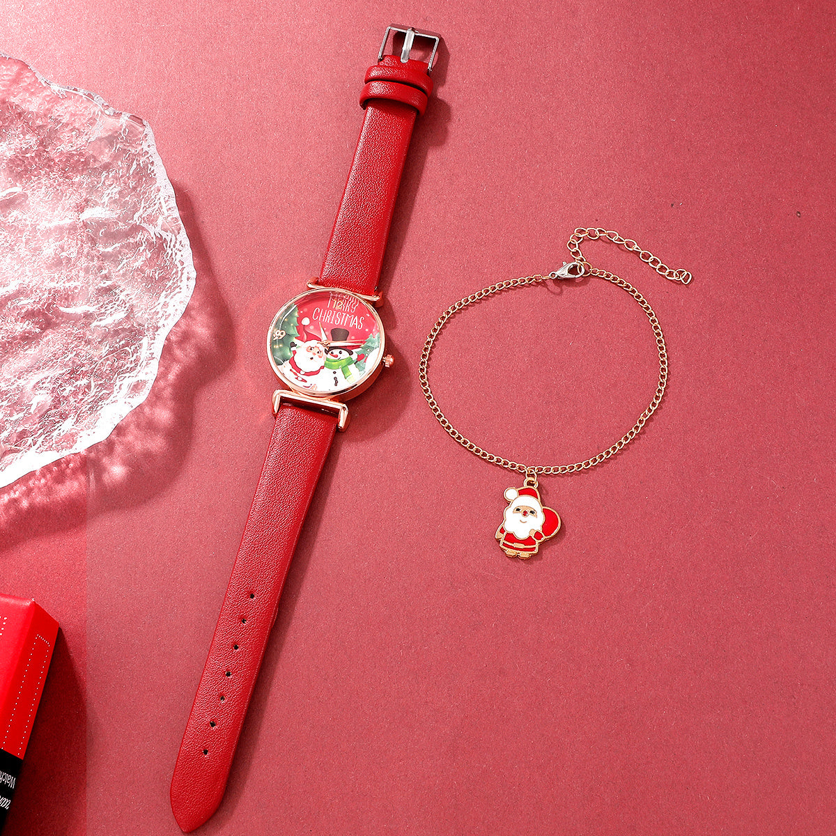 2pcs Christmas Santa Dial Women's Fashion Watch Bracelet Watches Set Ladies Leather Band Quartz Wristwatch(No Box)
