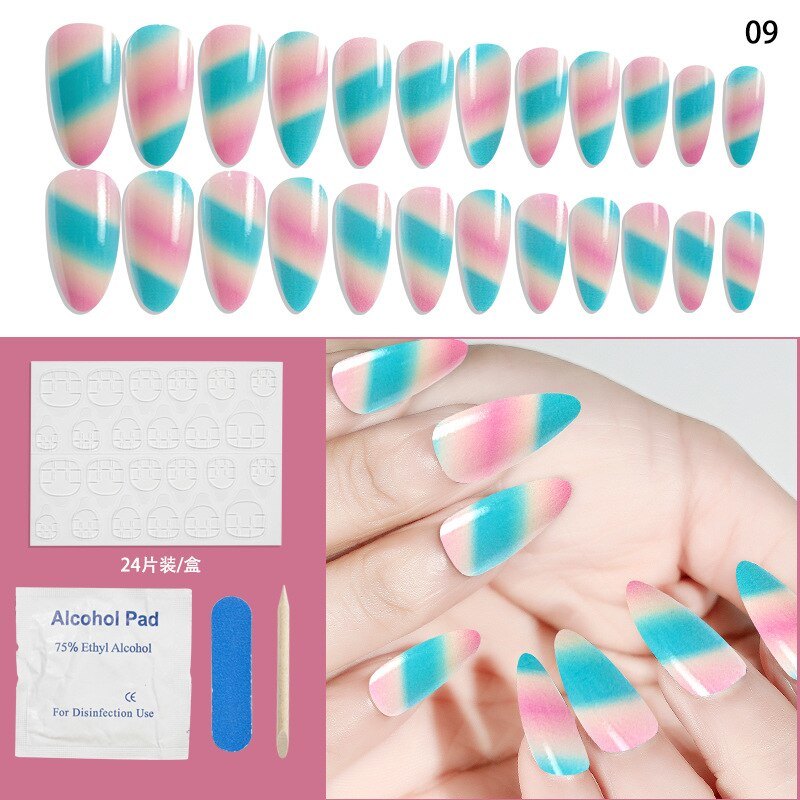 24Pcs Set Fake Nails Full Cover Printing Nail Tips Press on Nails Almond Round Wavy with Jelly Detachable Accesories