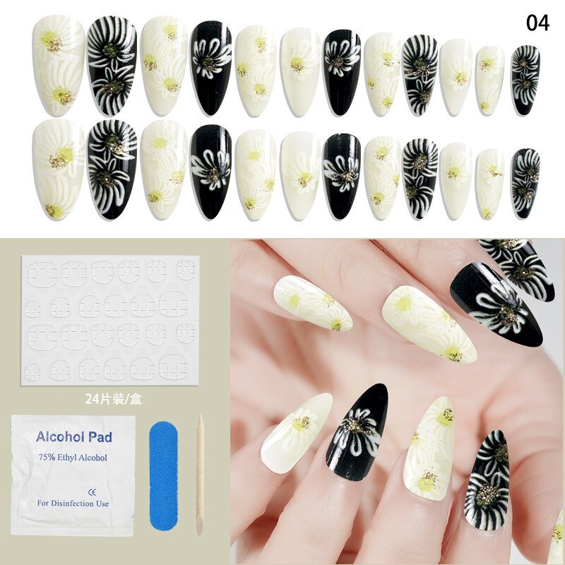 24Pcs Set Fake Nails Full Cover Printing Nail Tips Press on Nails Almond Round Wavy with Jelly Detachable Accesories