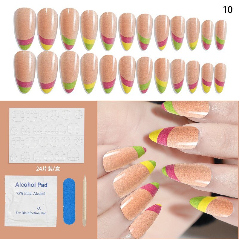 24Pcs Set Fake Nails Full Cover Printing Nail Tips Press on Nails Almond Round Wavy with Jelly Detachable Accesories