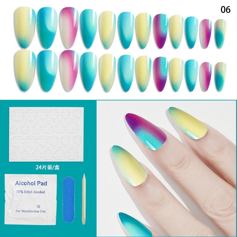 24Pcs Set Fake Nails Full Cover Printing Nail Tips Press on Nails Almond Round Wavy with Jelly Detachable Accesories