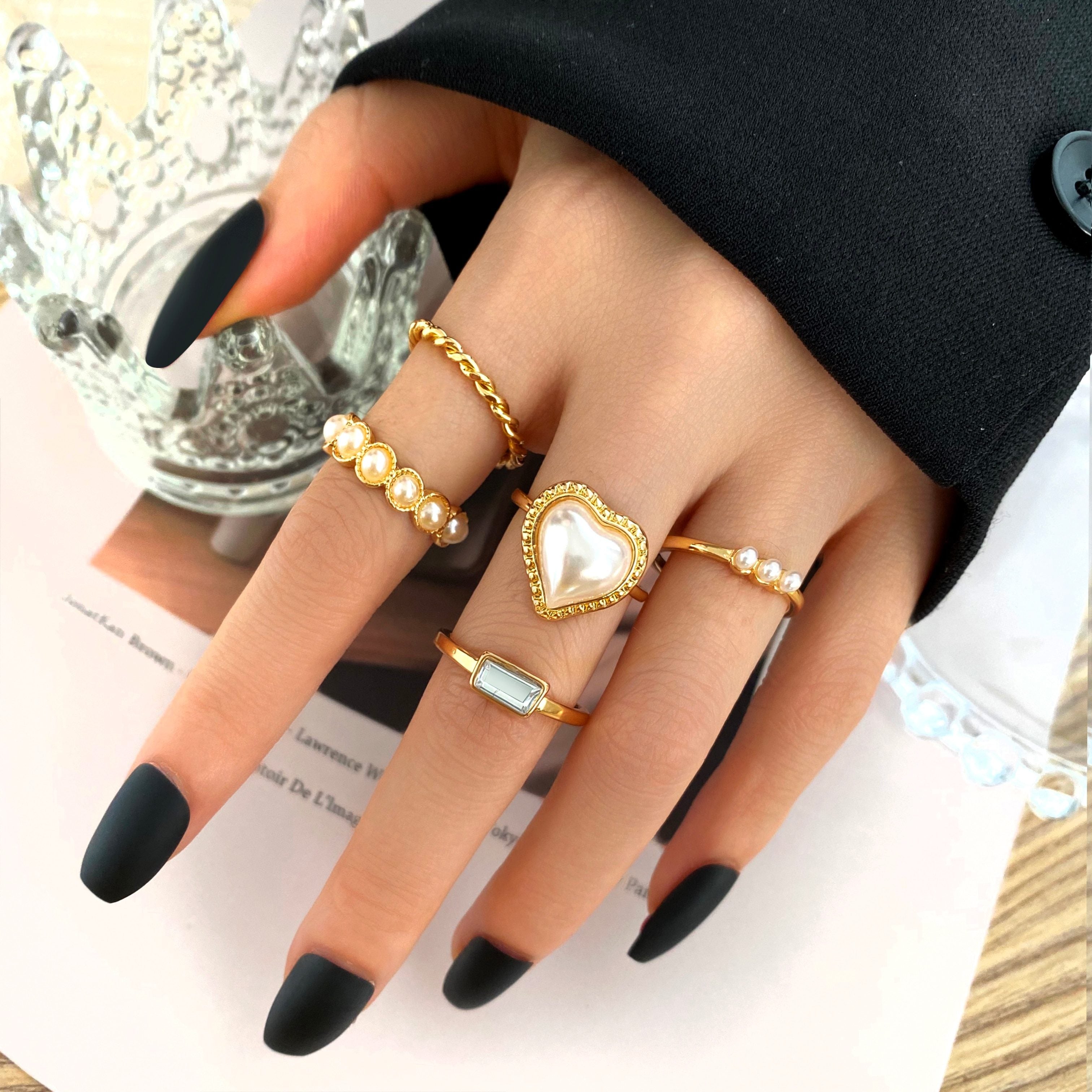New Creative Simple Elegant Party Jewelry Women's Tail Ring Love Pearl Ring 5-Piece Set