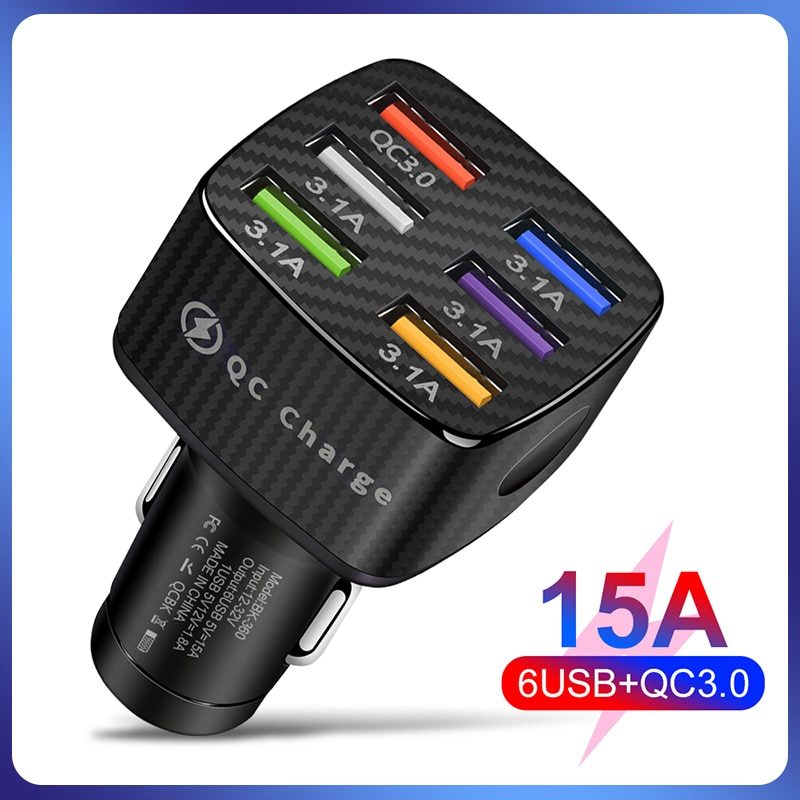 15A Light-emitting Car Charger 6USB Porous QC3.0 Square High-Pass Quick Charge Multi-function Car Charger