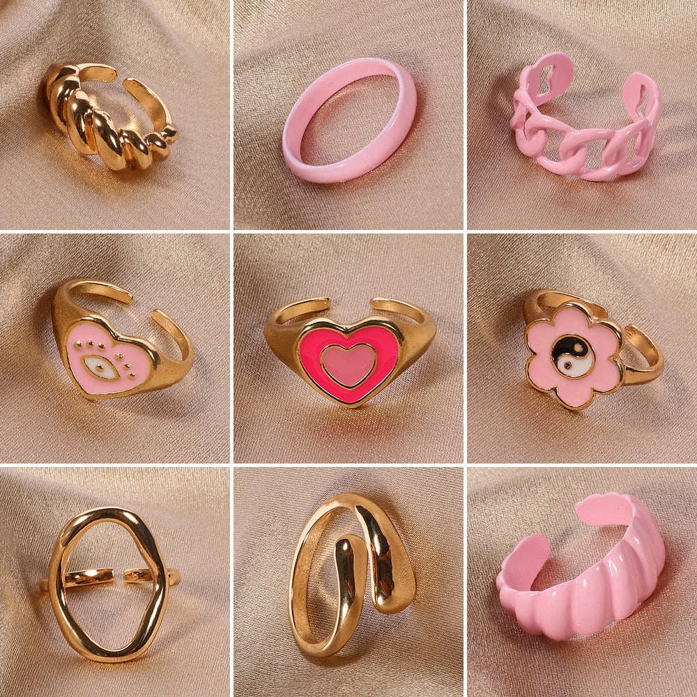 All-around Temperament Open Ring Jewelry Heart-shaped Flower Tai Chi Oil Drop Metal Ring 9-piece Set Of Pink