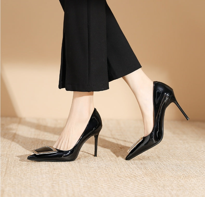 Ladies commuter all-match pointy square buckle high heels design sense niche French single shoes