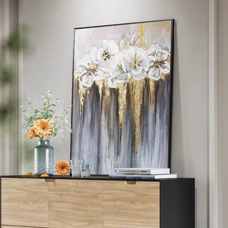 Foil golden flowers hand painted oil painting on canvas abstract large painting wall picture for home office decor