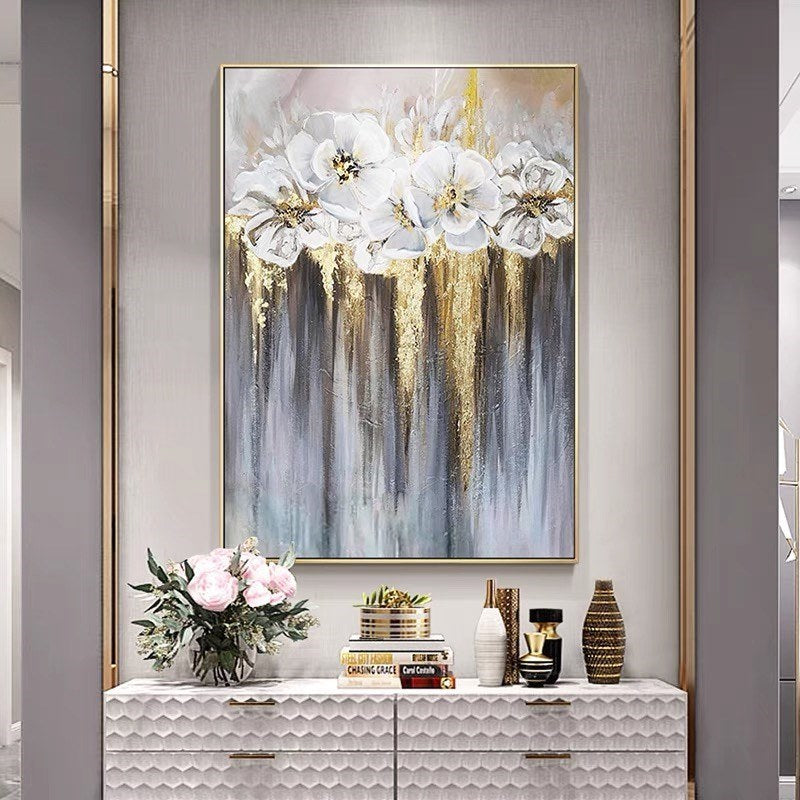 Foil golden flowers hand painted oil painting on canvas abstract large painting wall picture for home office decor