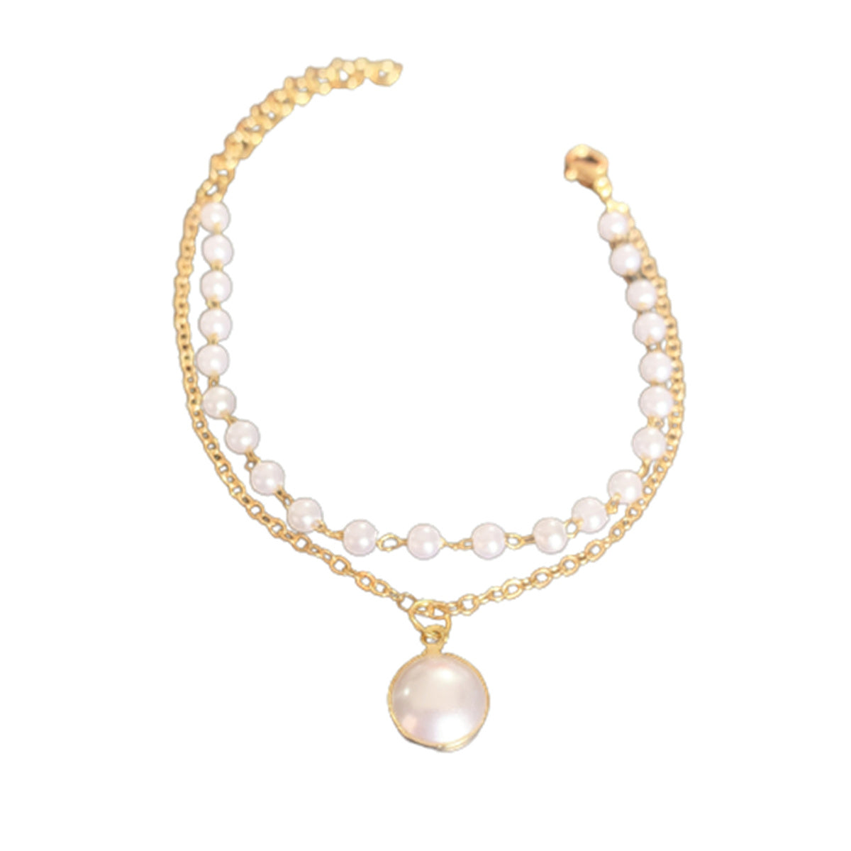 Double Layer Gold Anklets for Women Pearl Beads Pendant Foot Chains 1PCS