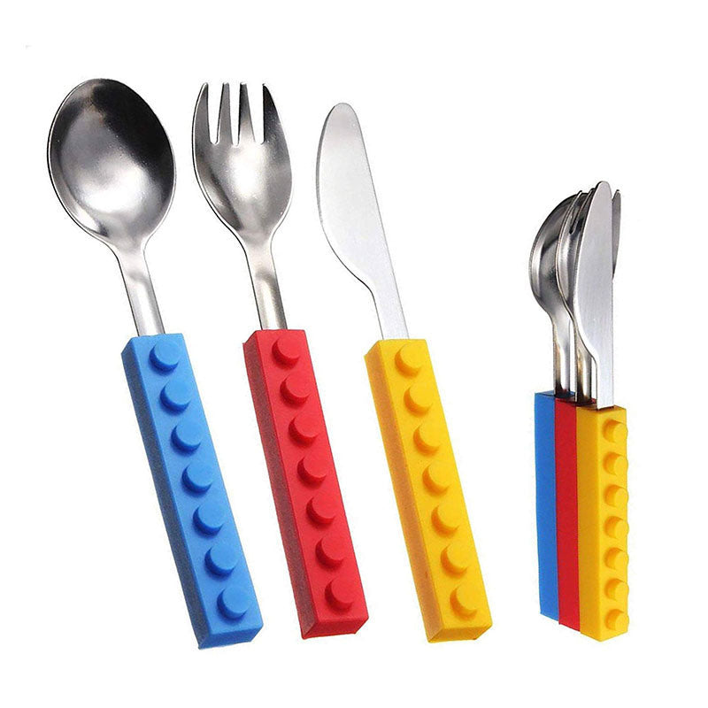 Kids' 3Pcs Flatware with Brick Toy Silicone Handle Childrens Stainless Steel Silverware Toddler Utensils Spoons+Forks+Knife Set