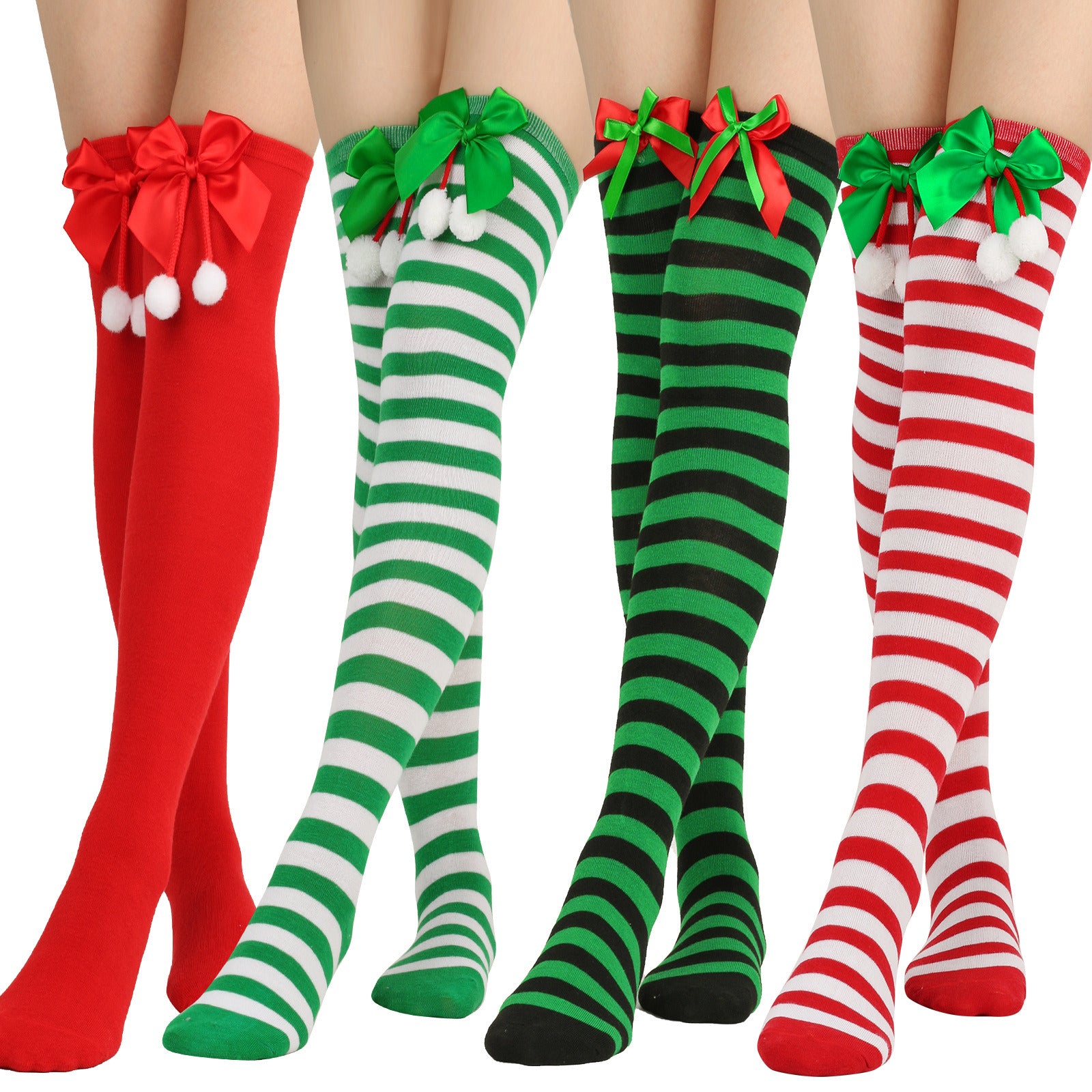 4pcs Women Christmas Long Tube Knee Socks Striped Garter with Bow Hair Ball