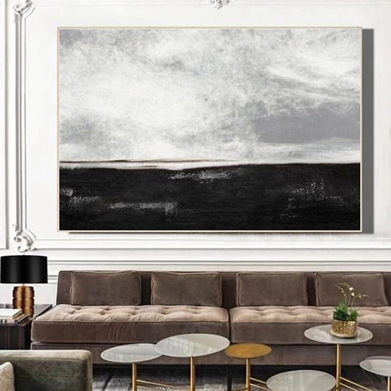 Hand Painted Abstract Oil Painting Black White Textured Abstract Wall Art Picture Living Room Bedroom Wall Decor Frameless