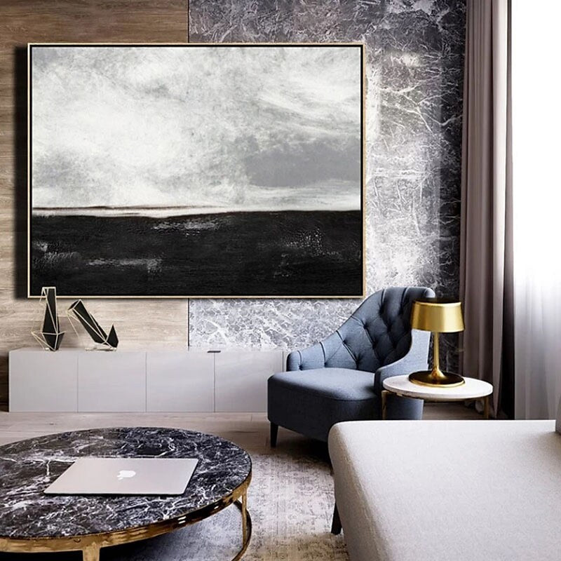 Hand Painted Abstract Oil Painting Black White Textured Abstract Wall Art Picture Living Room Bedroom Wall Decor Frameless
