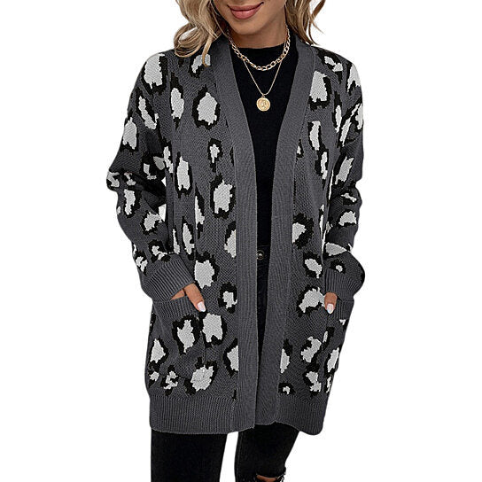 Women Leopard Pocket Knit Cardigan Sweater Jacket