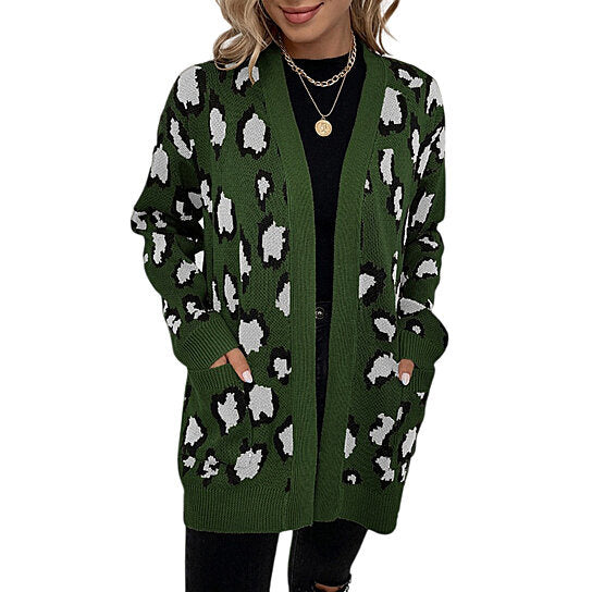 Women Leopard Pocket Knit Cardigan Sweater Jacket
