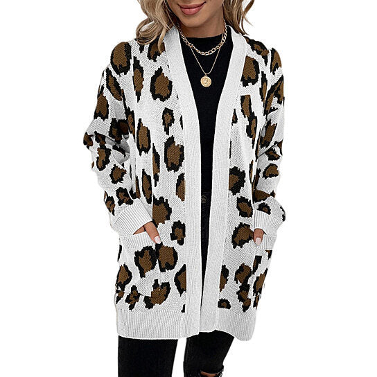 Women Leopard Pocket Knit Cardigan Sweater Jacket