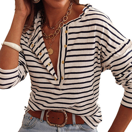 Women Striped Long Sleeve Shirt Button Neck Pullover Blouse