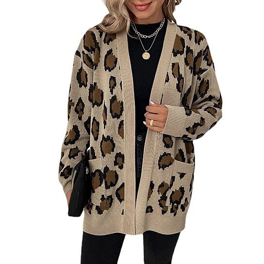 Women Leopard Pocket Knit Cardigan Sweater Jacket