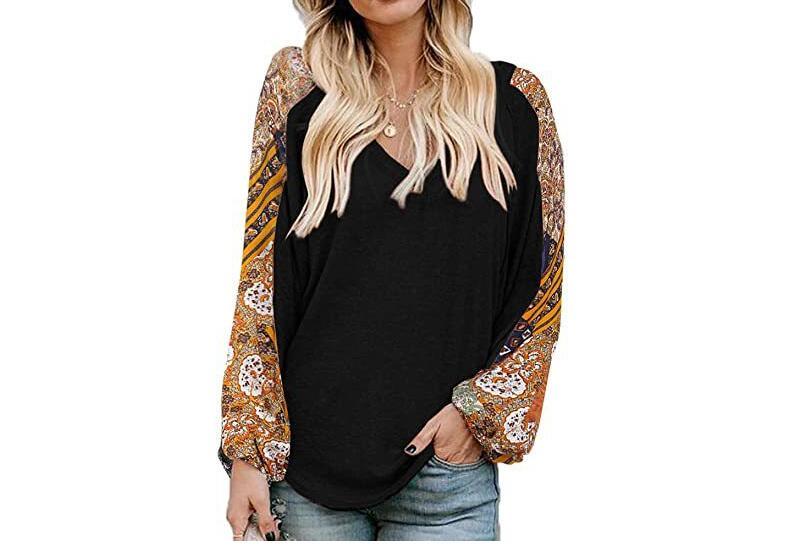 Women Loose V-Neck Floral Print Long Sleeve Shirt Tunics Sweater