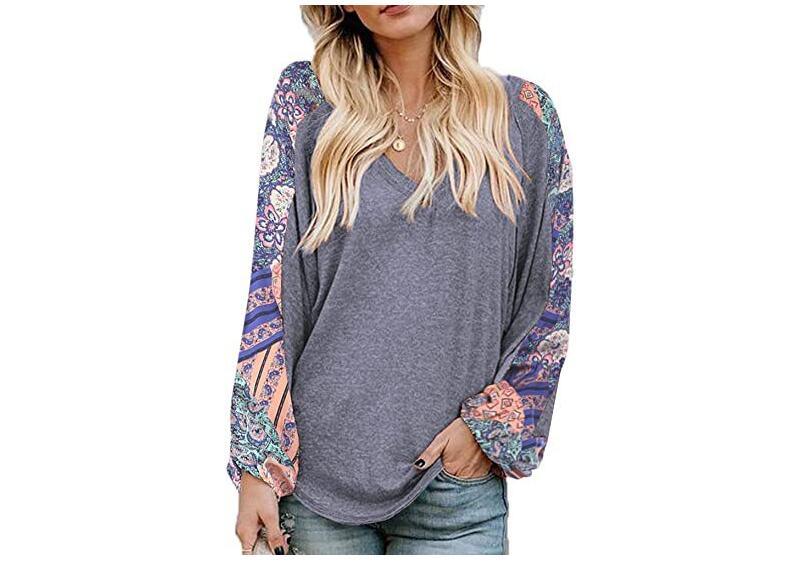 Women Loose V-Neck Floral Print Long Sleeve Shirt Tunics Sweater