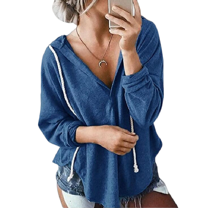 Womens V Neck Hoodie Sweatshirts Pullover Tunics Long Sleeve Blouese