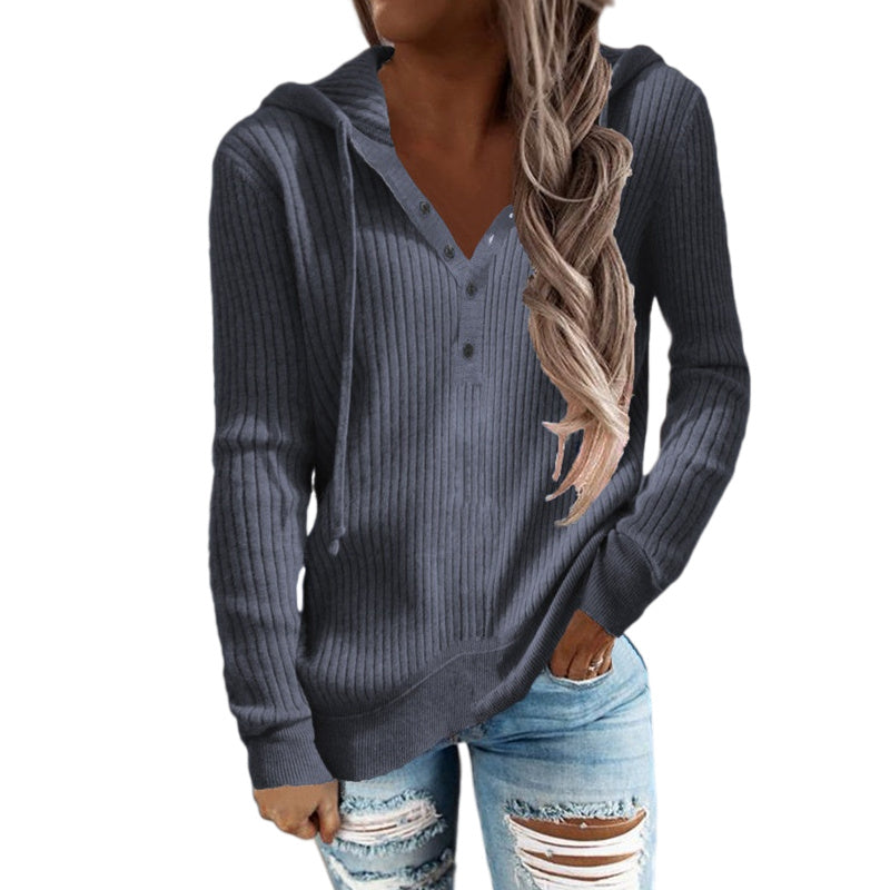 Women Striped Casual Hoodie Loose Long Sleeve Drawstring Knit Sweater Top Blouses