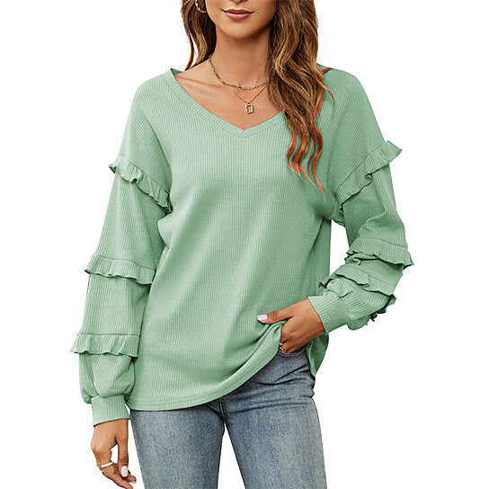 Women Sweet Loose Waffle V-Neck Sweater Top Tunics