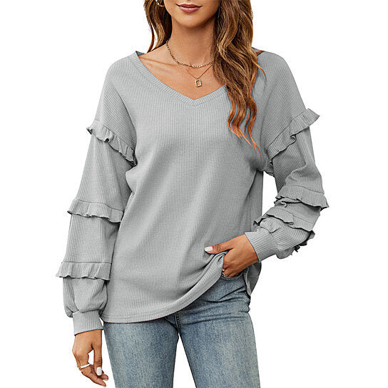 Women Sweet Loose Waffle V-Neck Sweater Top Tunics