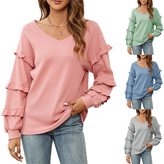 Women Sweet Loose Waffle V-Neck Sweater Top Tunics