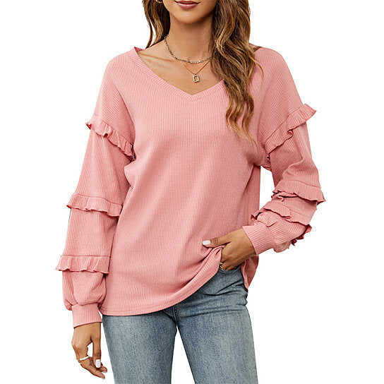 Women Sweet Loose Waffle V-Neck Sweater Top Tunics