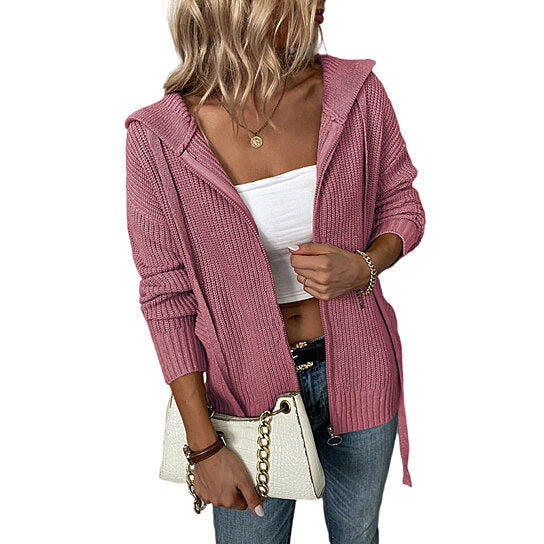 Women Hooded Zip Knit Drawstring Sweater Cardigan Jacket