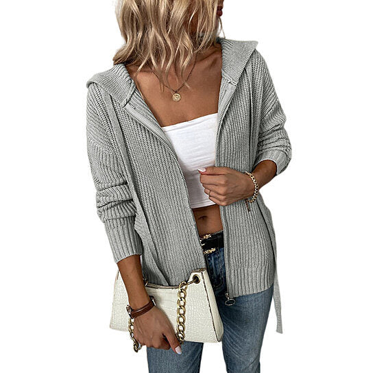 Women Hooded Zip Knit Drawstring Sweater Cardigan Jacket