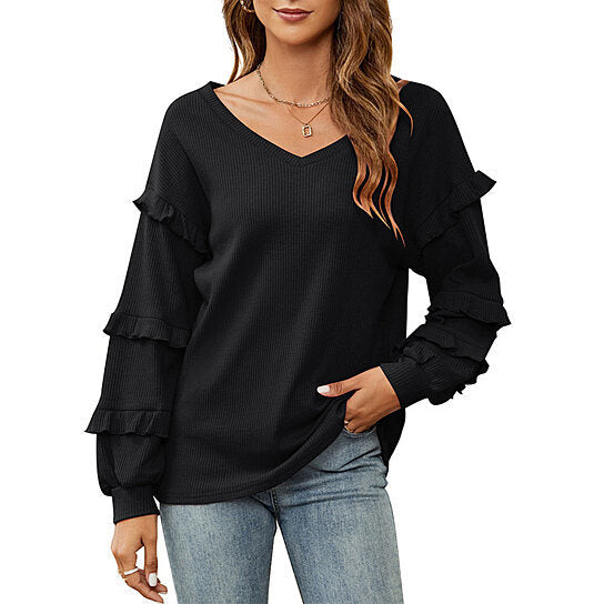 Women Sweet Loose Waffle V-Neck Sweater Top Tunics