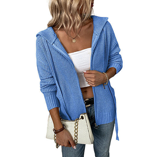 Women Hooded Zip Knit Drawstring Sweater Cardigan Jacket