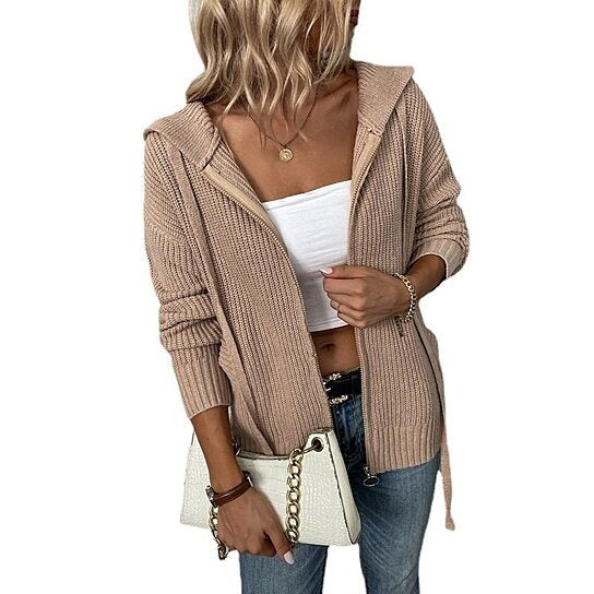 Women Hooded Zip Knit Drawstring Sweater Cardigan Jacket