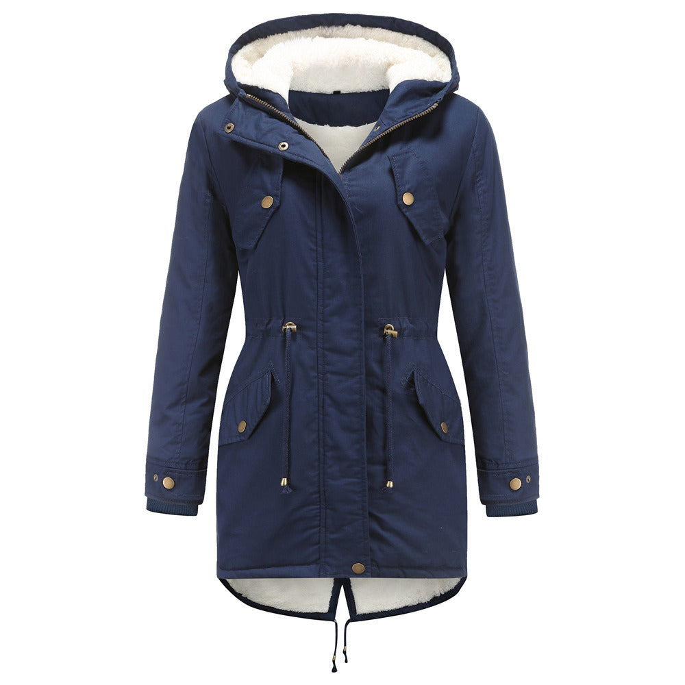 Women Fleece Coat Drawstring Hooded Cotton Jacket