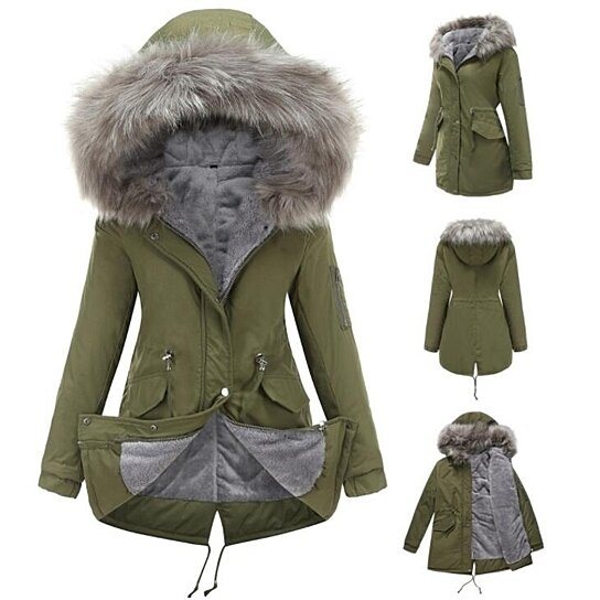 Women Drawstring Hooded Fleece Cotton Coat Outdoor