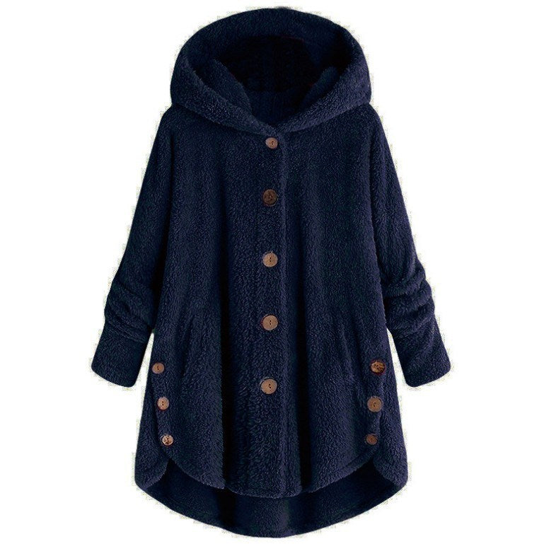 Women Cozy Hooded Sherpa Hem Button Fleece Sweater Coat